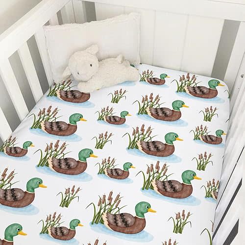 Cartoon Mallard Duck Lake Leaves Baby Crib Sheet 52''x28'' Duck Hunting Reeds Stretchy Fitted Crib Mattress Sheet for Boy Girl Wild Duck Soft Nursery Bed Sheet for Standard Crib and Toddler Mattress