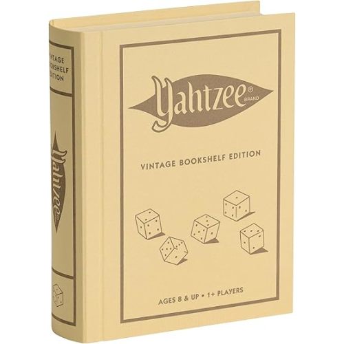 WS Game Company Yahtzee Vintage Bookshelf Edition, Luxury Dice Game in Linen-Wrapped Book Case with Slipcase, Premium Scorebook, Deluxe Rolling Tray & 1956 Graphics, Classic Dice Games, Ages 8+