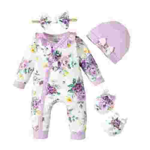 KIMI BEAR Newborn Baby Girls Bodysuit Winter Warm Clothes Long Sleeves Romper Bowknot Floral Jumpsuit Button Bottom One-piece Overalls with Headband and Hat and Gloves 4pcs Purple Preemie