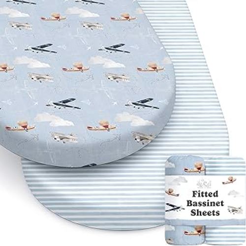 Baby Bassinet Sheets for Boy, Girl (Airplanes & Clouds) 2-Pack - Fitted Bedside Bassinet Sheets - Buttery Soft Cotton Blend for Standard Mattress Pad
