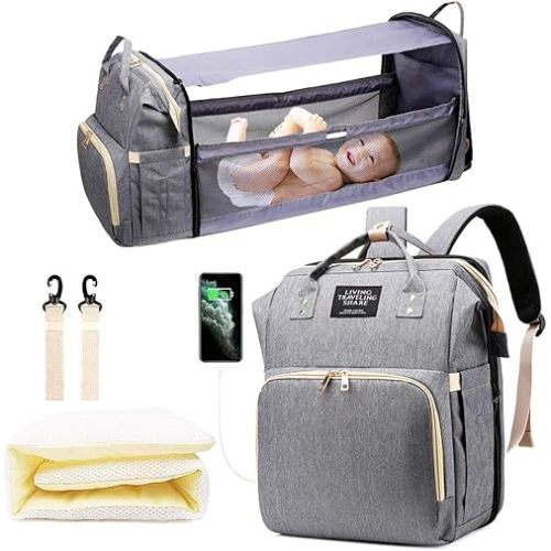 Diaper Bag Backpack with Changing Station, Nappy Baby Bags with Portable Changing Pad, 900D Waterproof Multi-Function Travel Portable Mommy Bag, Gray