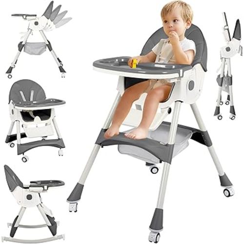 Foldable Baby High Chair,6 in 1 Portable Convertible High Chairs for Babies and Toddlers with Lockable Wheels,Adjustable Height & Recline,Double Removable Tray