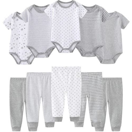 Ruliby Baby Bodysuit and Pant Set 10-pcs Cotton Soft Newborn Boy Girl Clothes Outfits