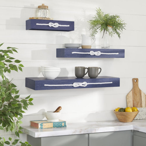 Longshore Tides Josepha Wood 3 Shelves Knot Blue Wall Shelf with Knotted Rope Set & Reviews | Wayfair