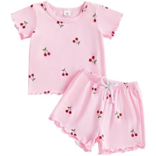 Kupretty Toddler Baby Girl Summer Clothes Ruffle Ribbed Knit Short Sleeves T-Shirt Tops + Shorts Cute Outfits Set