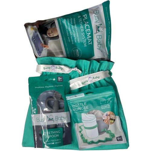 Busy Baby Gift Set - Includes 1 Busy Baby Mat 1 - Bottle Bungee 1- Teething Spoon and 4 Universal Bungee Straps in a Gift Bag, Keeps Baby Essentials Within Reach (Pewter)