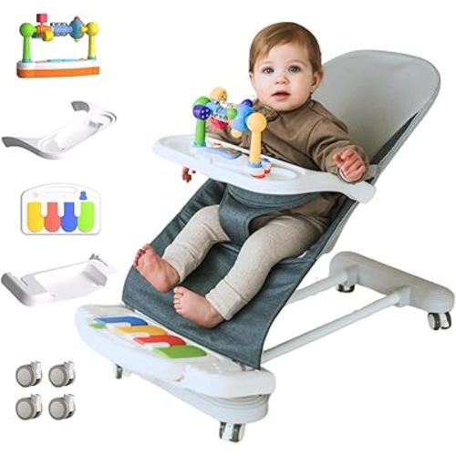 CuddoBaby Baby Bouncer 4-in-1 with Wheels, Detachable Piano, Feeding Tray, Play Bar, Thick Base. 3-Level Incline Portable Seat for Infant to Toddler 0-6, 0-12, 12-24 Months, Upto 29Lbs - Blue
