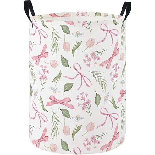 HIYAGON Baby Laundry Hamper Basket Baby Hamper for Nursery Boy and Girl Cute Kids Toys Storage Bin Organizer Boho Room Decor(Flower Bowknot)