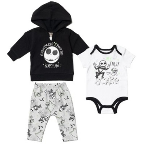 Disney Nightmare Before Christmas,Newborn Baby Boy or Girl Hoodie Bodysuit and Pants 3 Piece Set Black/White 0-3 Months