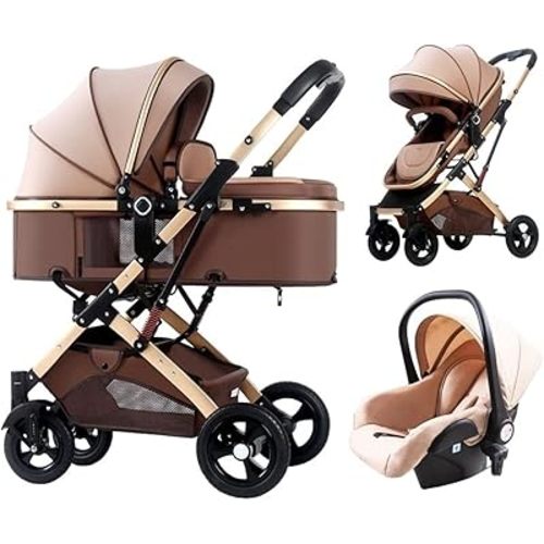 QMGEBXG Newborn Stroller 3 in 1 Baby Pushchair Baby Carriage for 0-3 Years Baby,Foldable Luxury Pushchair Stroller with Baby Basket,Shock Absorption Springs High View Pram, Brown