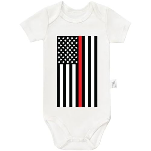 Thin Red Line Bodysuit, Firemen American Flag Infant Newborn Cotton Romper Short Sleeve Jumpsuit Outfits 0-24 Months
