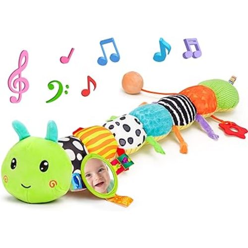 Baby Sensory Toy 0-6 Month Music Animal Stuffed Plush Caterpillar Toy for Infant 0-3-6-12 Month Old Tummy Time with Baby Mirror Crinkle Rattle Carseat Toys for Newborn Boys Girl Shower