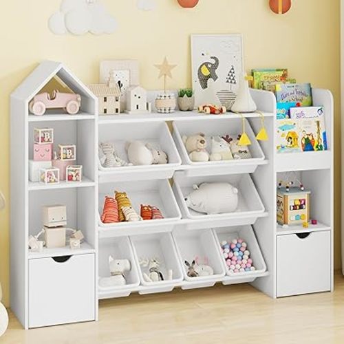 Vabches Kids Toy Organizer with 8 Removable Toy Bins, 4-Tier Toy Storage Organizers W/4 Storage Cubbies, Kids Bookshelf 2 Toy Storage Box on Wheels for Playroom, Kids Room, Nursery Room, White