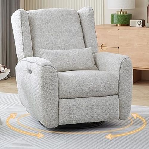 Power Boucle Swivel Rocker Recliner Electric Glider Nursery Reclining Chair with Type-C & USB Port Upholstered Cushion,Lumbar Support,Sturdy Footrest,for Living Room Beige