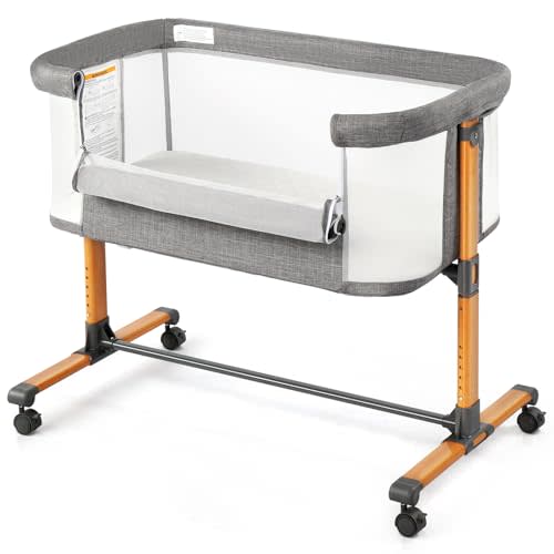 Ktaxon Baby Bassinet Bedside Bassinet, Baby Cradle with Machine-Washable Sheets, Four-Sided Breathable Mesh, 6 Height Adjustable, 360°Swivel Wheel with Brake, Elegant Wood Grain Leg