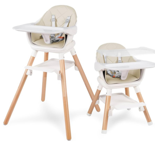 6 in 1 Baby High Chair, Convertible Wooden High Chairs/Booster Seat for Babies and Toddlers, Baby Feeding Chair with 5-Point Harness/Double Removable Tray & Adjustable Footrest (Beige)