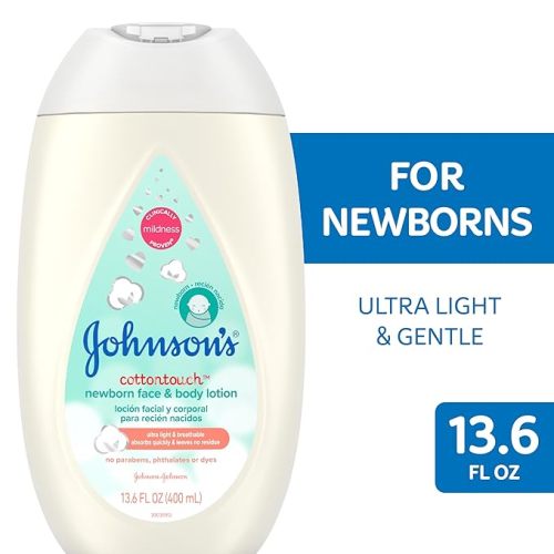 Johnson's CottonTouch Newborn Baby Face and Body Lotion, Hypoallergenic Moisturization for Baby's Skin, Made with Real Cotton, Paraben-Free, Dye-Free, 13.6 fl. oz - 13.6 Fl Oz (Pack of 1)