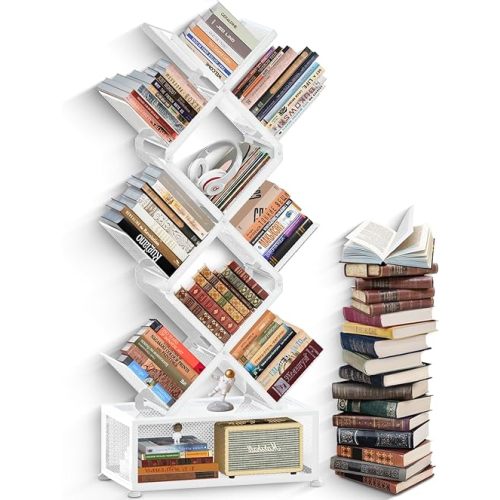 HI NINGER Tree Bookshelf,9 Tier Folding Bookshelf with Storage Cabinet, Tall Narrow Bookshelves Organizer,Bookcase Tower,Tall Floor Standing Book Organizer for Living Room/Bedroom/Home Office/Corner