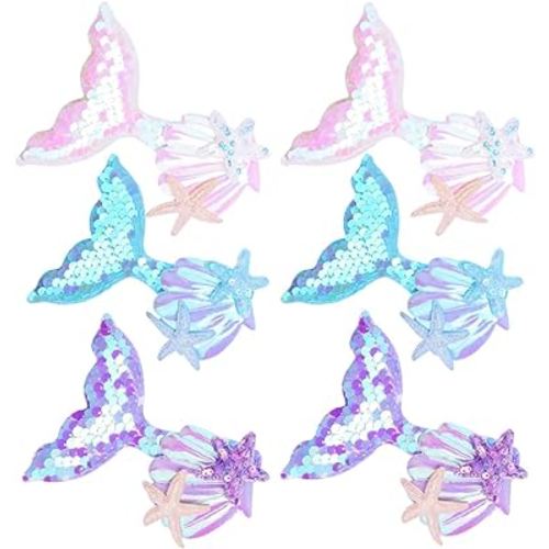 6 Pcs Mermaid Hair Clips for Girls, Aurora Sequins Fish Tail Hairpin Starfish Sequin Hair Accessories Multicolor Sparkling Hair Barrettes for Little Girls Toddlers Kids and Teens
