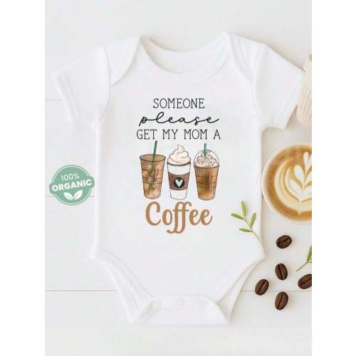 Funny Coffee-Themed Baby Boy - "Someone Please Get My Mom A Coffee" Bodysuit With Coffee Cup Design, Soft Snap Closure Outfit For, All-Season Casual Wear & Photo Shoots, Cute Gift For Coffee-Loving Moms, Essentials, Playful Clothing, Cartoon Print Design,