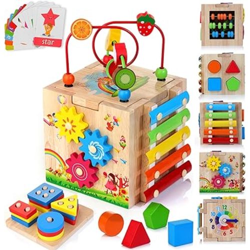 Kizfarm 8-in-1 Wooden Activity Cube for 1 Year Old, Montessori Educational Toy Set | Bead Maze Shape Sorter Toy &Christmas 1st Birthday Gift for Boys Girls Toddlers