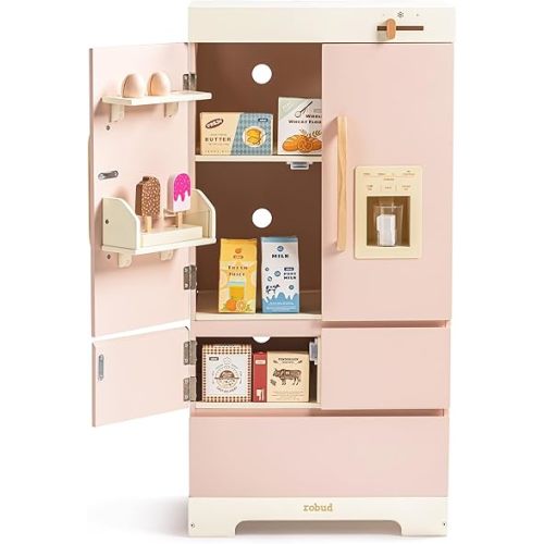 ROBUD Wooden Play Fridge, Kitchen Toy Fridge Freezer Set with Ice Maker, Play Kitchen Refrigerator, Kitchen Playset Gift for Kids & Toddlers, Age 3+ (Pink)