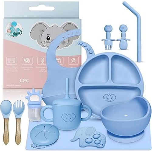 Silicone Baby Feeding Set - Durable & Resistant Baby Feeding Set, Dishwasher Safe, Oven & Microwave Safe, food grade silicone material (blue)