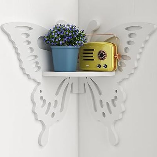 Butterfly Corner Shelf Nursery Wall Deor Floating Corner Shelf for Kid’s Room, Small Cute Decorative Shelf Wall Mounted, White Hanging Hollow Out Shelf for Toys, Plants and Decorations Storage, White