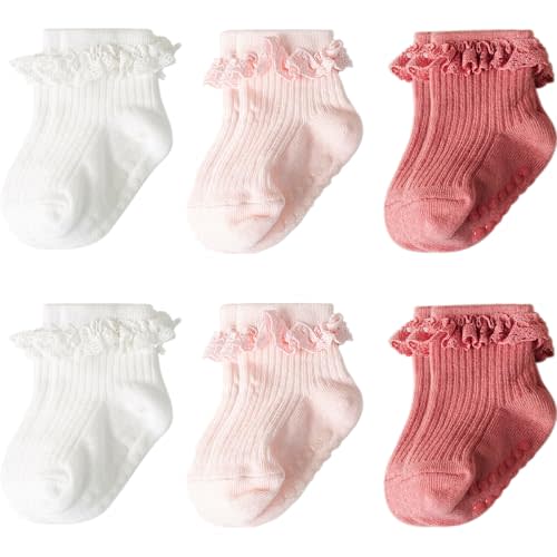 AQOKKA Baby Girl Toddlers Socks with Non-slip Grip Cute Frilly Ruffle Ankle Soft Cotton Newborn Baby Socks for Infant Kids