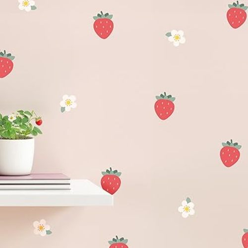Removable Wall Decals for Kids Room – Peel and Stick Wall Stickers for Girls & Boys Bedroom, Playroom & Nursery – Easy to Apply Wall Decor - Strawberry and Flower