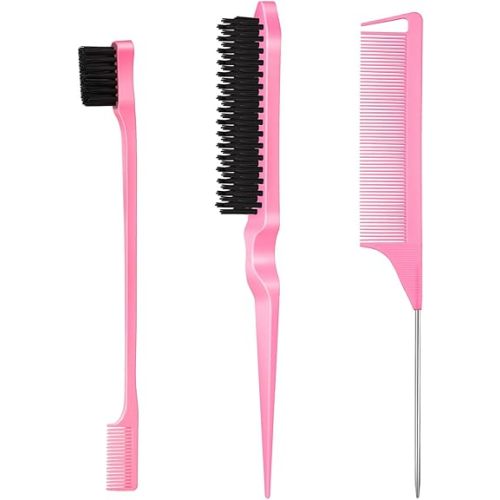 3 Pcs Slick Back Hair Brush, Rat Tail Comb, Edge | Bristle Brush, Hair Accessories for Girls, Kids, Toddlers Sleek Ponytail/Bun, Edge Control and Smoothing Baby Hair & Flyaways