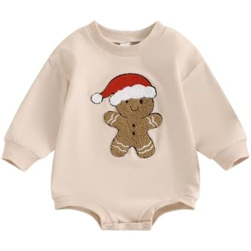 Lesimsam Baby Boy Girl Christmas Outfit Gingerbread Man Embroidery Sweatshirt Romper Oversized Long Sleeve Bubble Romper
