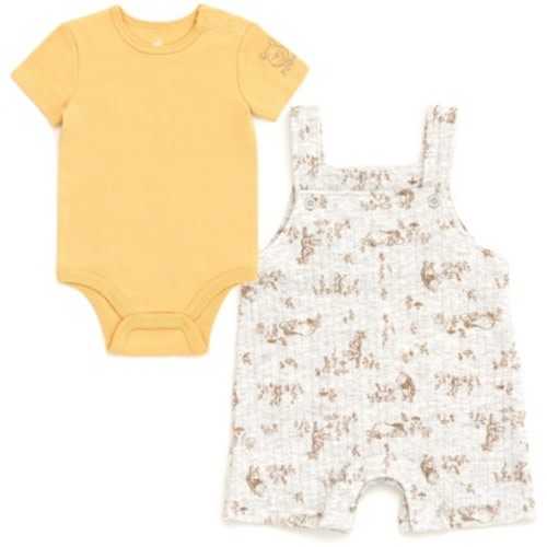 Disney Winnie the Pooh Mickey Mouse Minnie Mouse Eeyore Tigger Piglet Baby Bodysuit and Short Overalls Outfit Set Newborn to Infant, Color: Winnie the pooh / orange, Size: 6-9 months