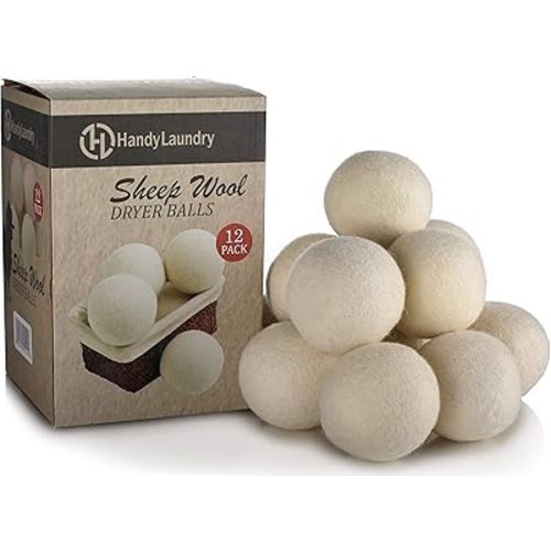 Handy Laundry Wool Dryer Balls - Natural Fabric Softener, Reusable, Reduces Clothing Wrinkles and Saves Drying Time, Better Alternative to Plastic Balls and Liquid Softener (Pack of 12)