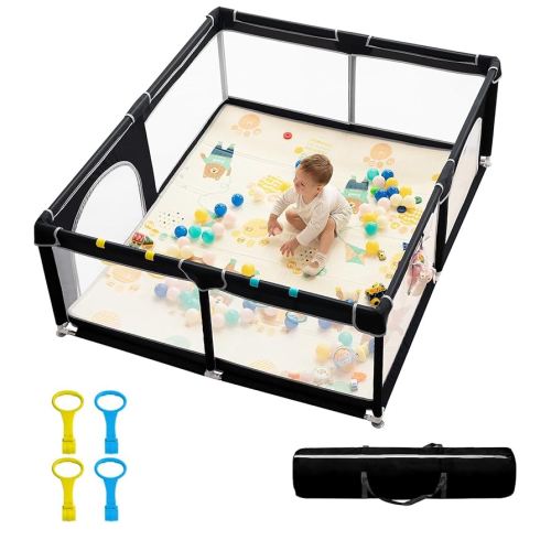 [Upgraded] dearlomum Baby Playpen, 71"x59" Extra Large Playard with Thickened Steel Pipes, Baby Activity Center with Gate & Toys, Sturdy Soft Mesh Safety Fence for Toddlers (Black)