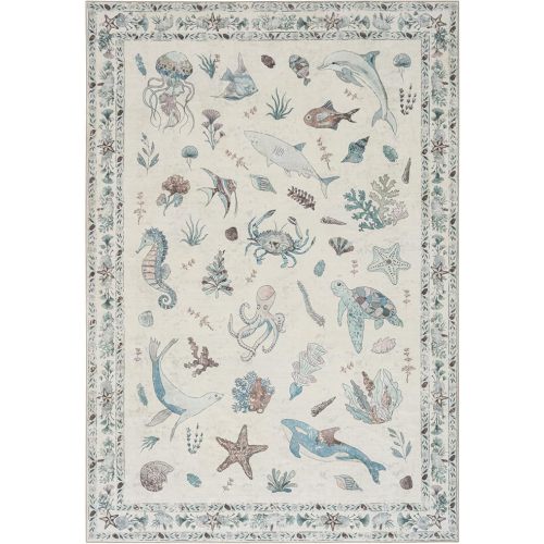 Soft Marine Animal Washable Faux Wool Stain Resistant Rug Rubber Non-Slip Backing for Playroom Bathroom Living Room Bedroom Bedside Beachy Cute Coastal Nautical Nursery Rug (Green Multi, 5' x 7')