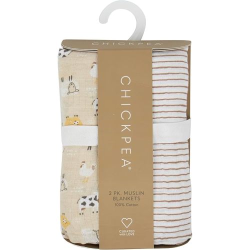 Chick Pea Muslin Baby Blanket for Boy Large 36x40 2pack Brown Farm Animals Striped