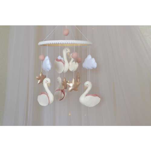 Swan baby mobile for nursery , crib mobile for girl with milk swans and gold stars , baby shower gift