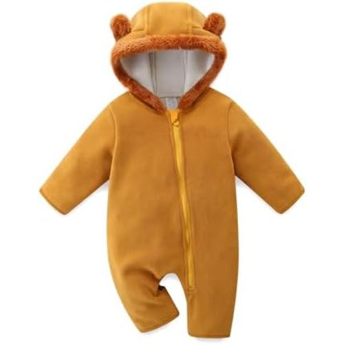Baby Jumpsuit with Cute Bear Hoodie Warm Fleece Lined Newborn Snowsuit Rompers for Fall Winter 0-18 Month