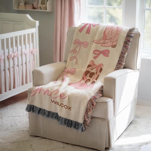 Personalized Cowgirl Blanket Cowgirl Baby Shower Gift Western Girl Blanket with Bow Nursery Decor Coquetteaesthetic Girl Name Woven Blanket