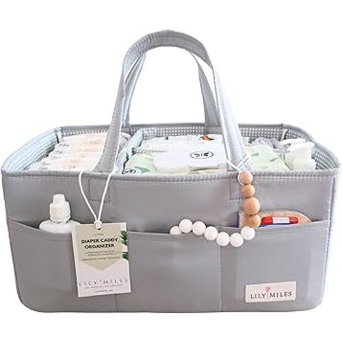 Lily Miles Diaper Caddy Organizer with 8 Pockets, Wipeable Baby Caddy Basket for Diapers and Wipes, Baby Registry Favorites, Nursery Tote Bag for Changing Table or Car (Heather Grey, Large)