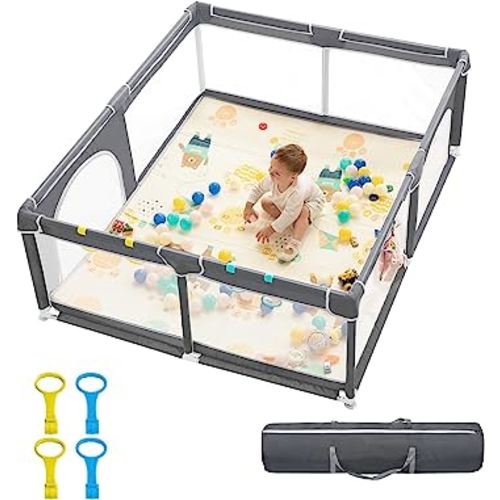 dearlomum Baby Playpen,71"x59" Extra Large Baby Playard, Playpen for Babies with Gate, 0-6 to 12 Months Baby Activity Center, Sturdy Safety Playpen with Soft Mesh,Playpen for Toddlers(Gray)