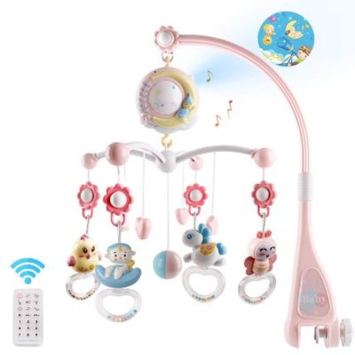 Babyluv"Baby Musical Crib Mobile with Rotating Lights, Star Projection, Rattle, Music Box & Remote"Pink