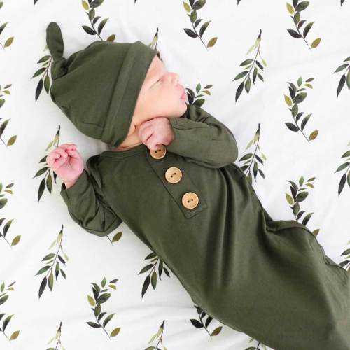 Solid Olive Bamboo Baby Knot Gown & Hat