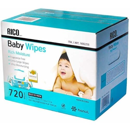 RICO Baby Wipes, 720-count Ultrapure Purified Water and Aqua Cream from France Enriched with Calendula Oil that Acts as a Softening Agent on Baby’s Skin Free of Fragrances, Parabens, Alcohol and Dyes