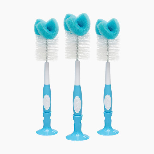 Dr. Brown's Reusable Sponge Baby Bottle Cleaning Brush Set with Suction Cup Stand, Scrubber and Nipple Cleaner, 3 Pack - Blue