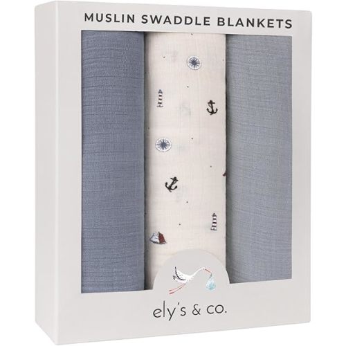 Ely's & Co. Muslin Swaddle Blankets 3-Pack for Baby Boy, 100% Cotton Muslin Extra Large Swaddle Receiving Blankets, 47”x47” (Blue-Ivory Nautical)