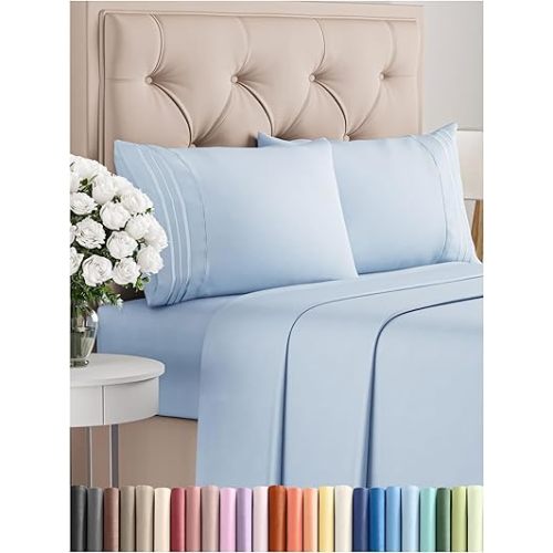 Queen Size 4 Piece Sheet Set - Comfy Breathable & Cooling Bed Sheets Set - Hotel Luxury Bedding for Women, Men, Kids, Teens, Boys & Girls - Deep Pockets, Ultra-Soft, Wrinkle Free - Oeko-Tex - Sky Blue