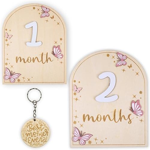 Monthly Baby Milestone Signs - Baby Monthly Milestone Wooden Circles for 1-12 Month Photos & Gender Neutral Announcement Cards (Butterfly)