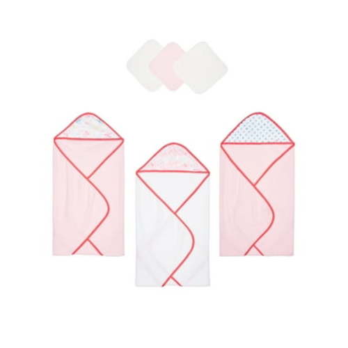 ExerSaucer Baby Bath 3 Hooded Towels & 3 Washcloths Gift Set, Beachy Pink, 6-Piece